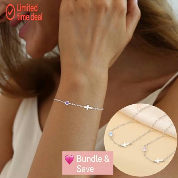 Adjustable Link Bracelet with Birthstone Cross Charm Stainless Steel - Picture 5 of 8